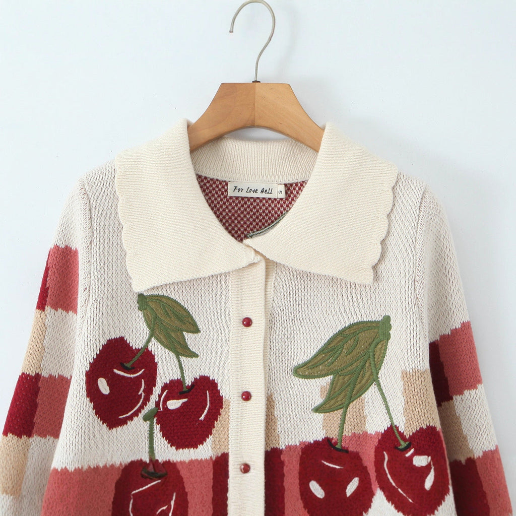 Women's Cropped Knitted Cardigan with Cherry Blossom Floral Pattern