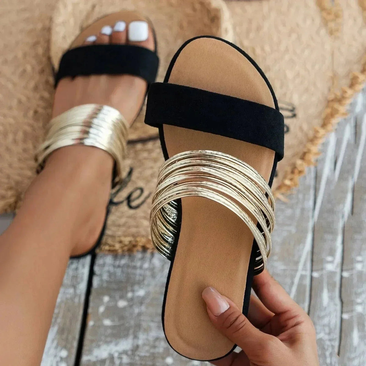 Flat Slide Sandals with Metallic Multi-Strap Design