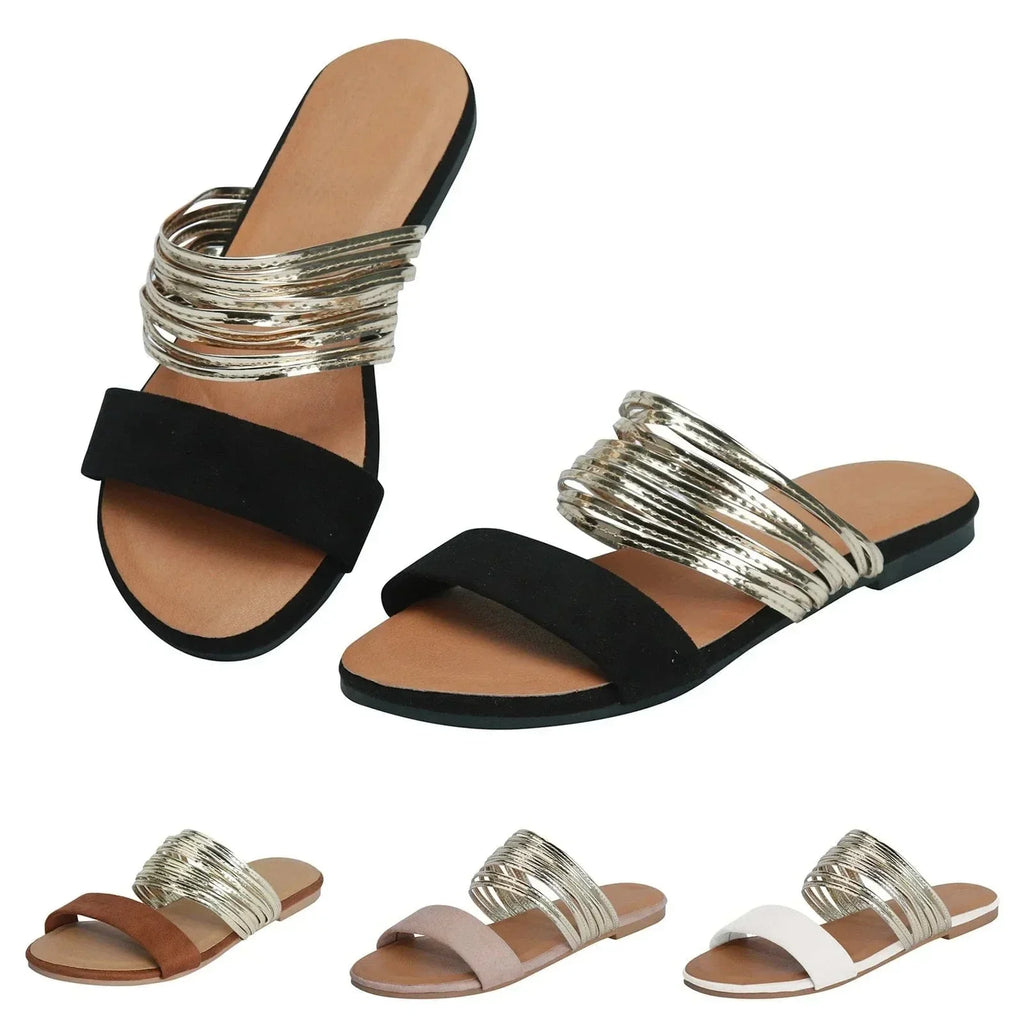 Flat Slide Sandals with Metallic Multi-Strap Design