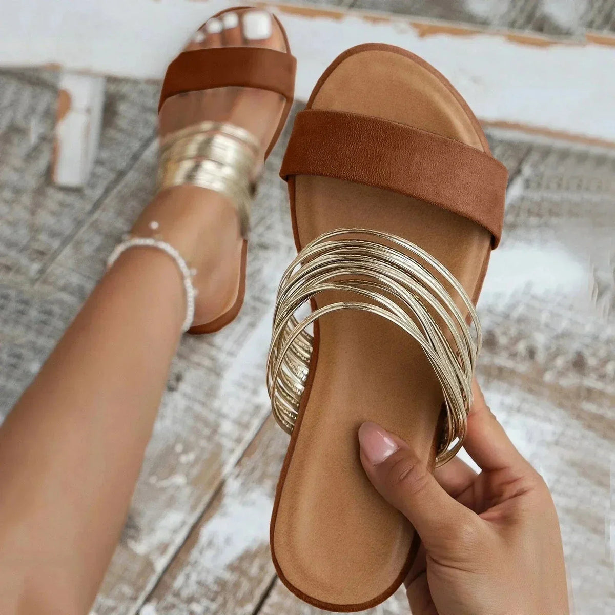 Flat Slide Sandals with Metallic Multi-Strap Design
