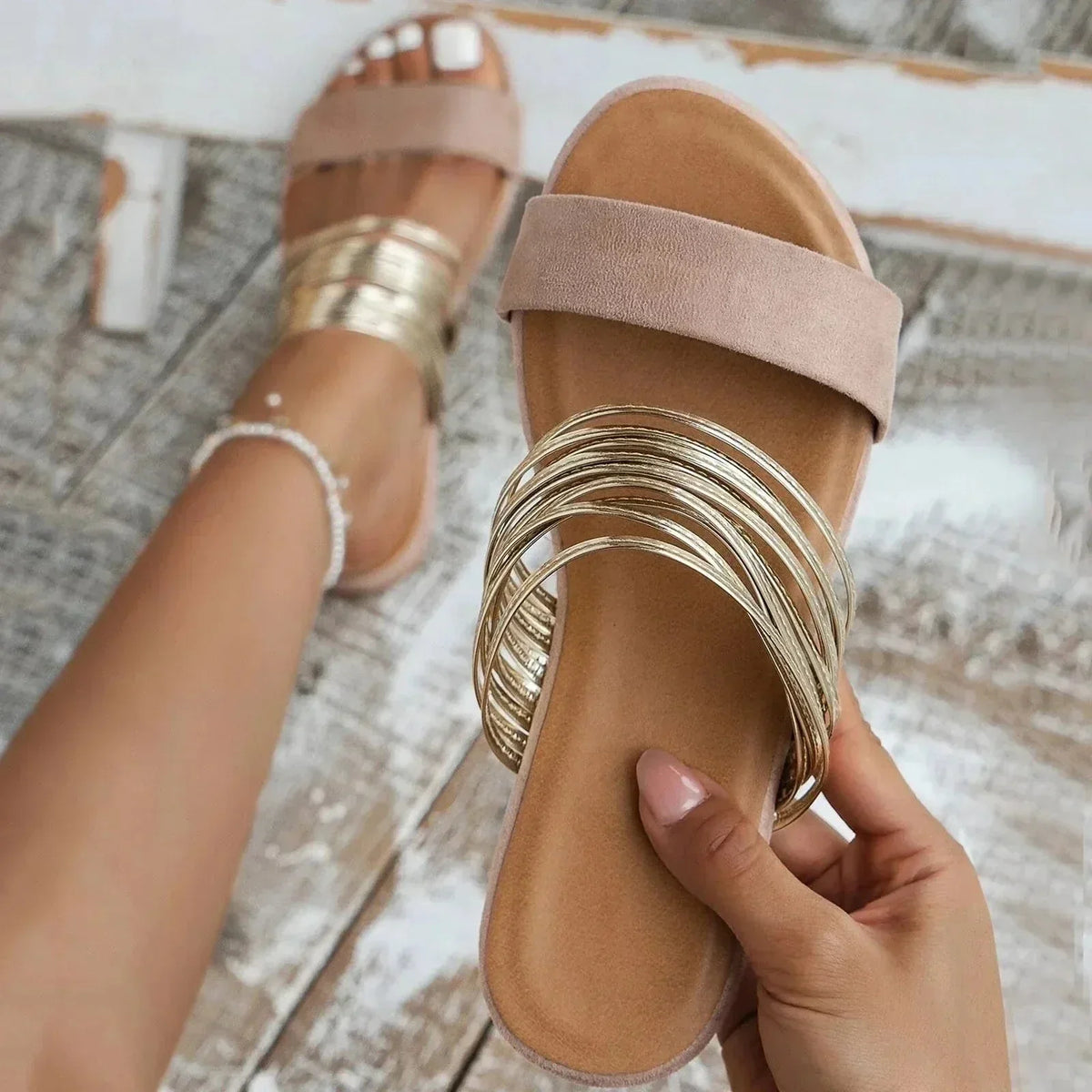 Flat Slide Sandals with Metallic Multi-Strap Design