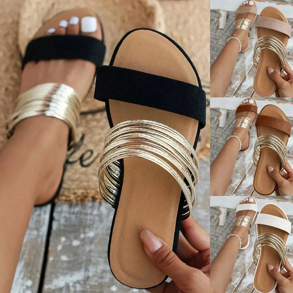 Flat Slide Sandals with Metallic Multi-Strap Design