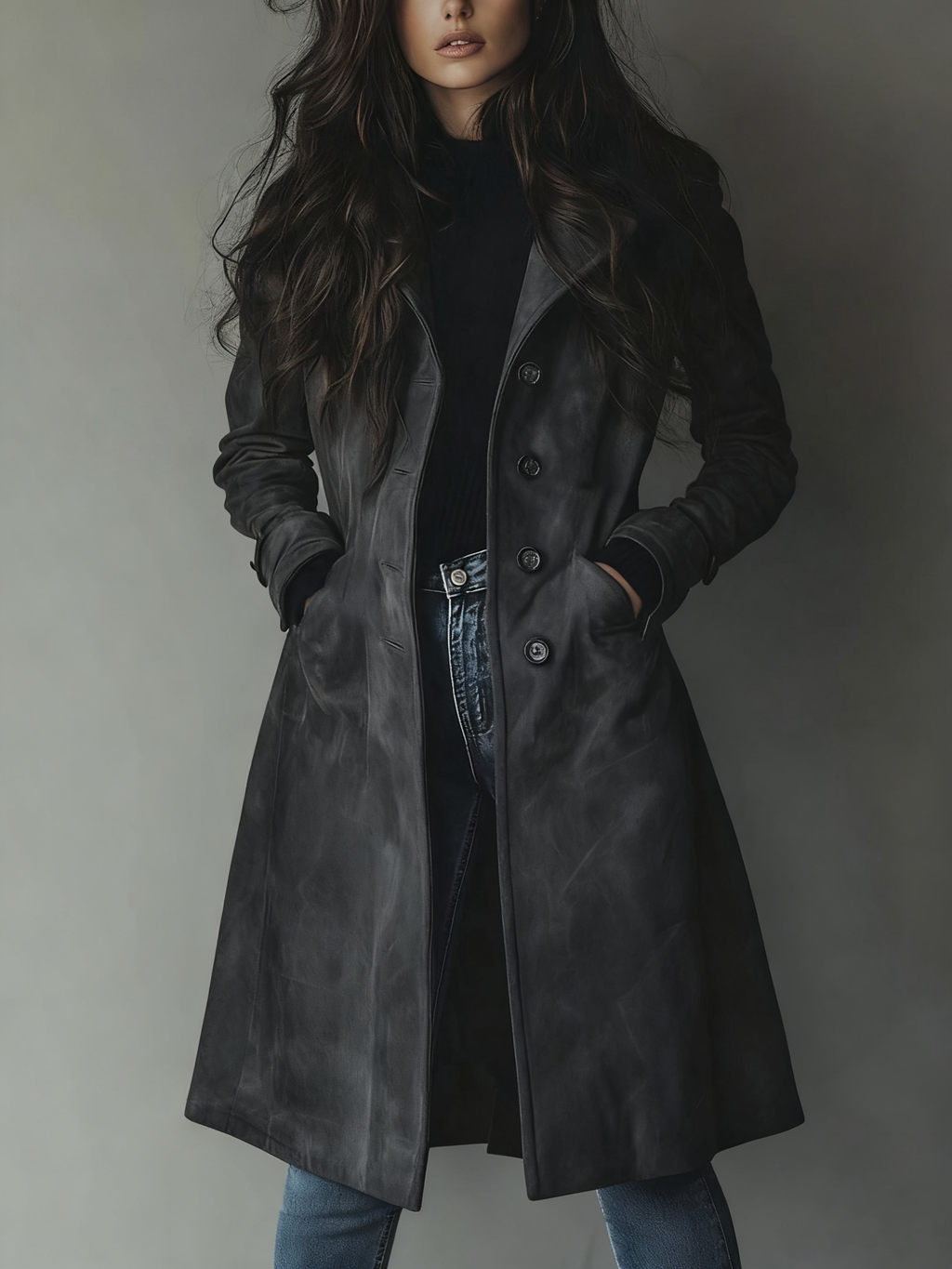 Women's Faux Suede Long Trench Coat