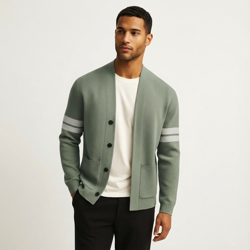 Classic Merino Men’s Cardigan with Stripe Sleeves