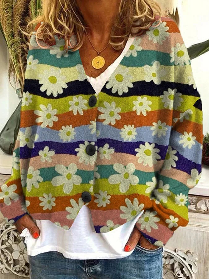 Women’s Floral Stripe Button-Up Cardigan with V-Neck Design