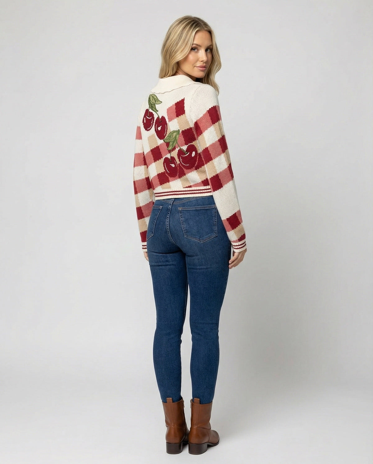 Women's Cropped Knitted Cardigan with Cherry Blossom Floral Pattern
