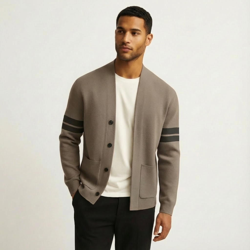 Classic Merino Men’s Cardigan with Stripe Sleeves