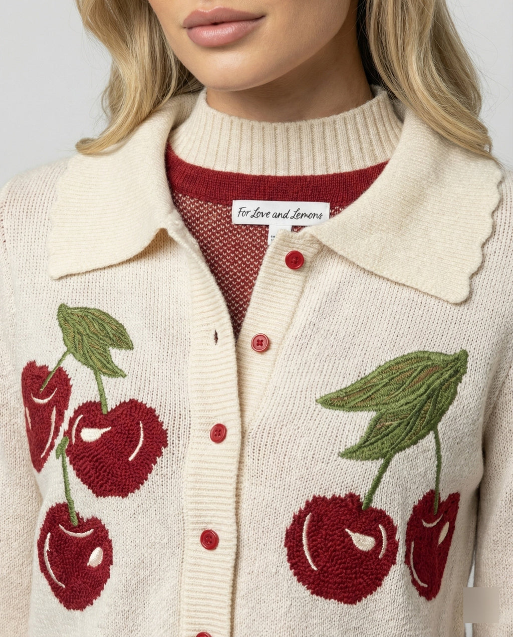 Women's Cropped Knitted Cardigan with Cherry Blossom Floral Pattern