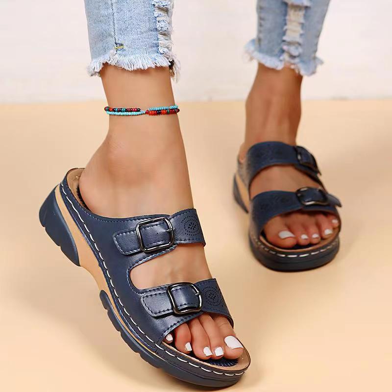 Women’s Double Buckle Comfort Open Toe Slip-On Sandals
