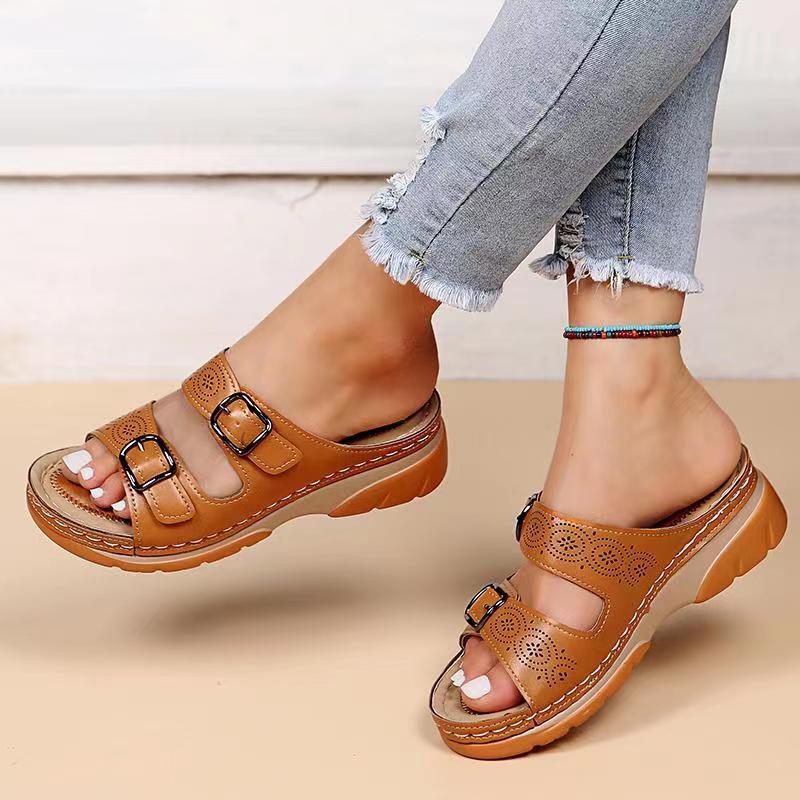 Women’s Double Buckle Comfort Open Toe Slip-On Sandals