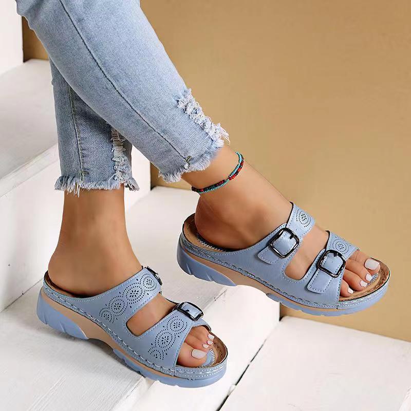 Women’s Double Buckle Comfort Open Toe Slip-On Sandals
