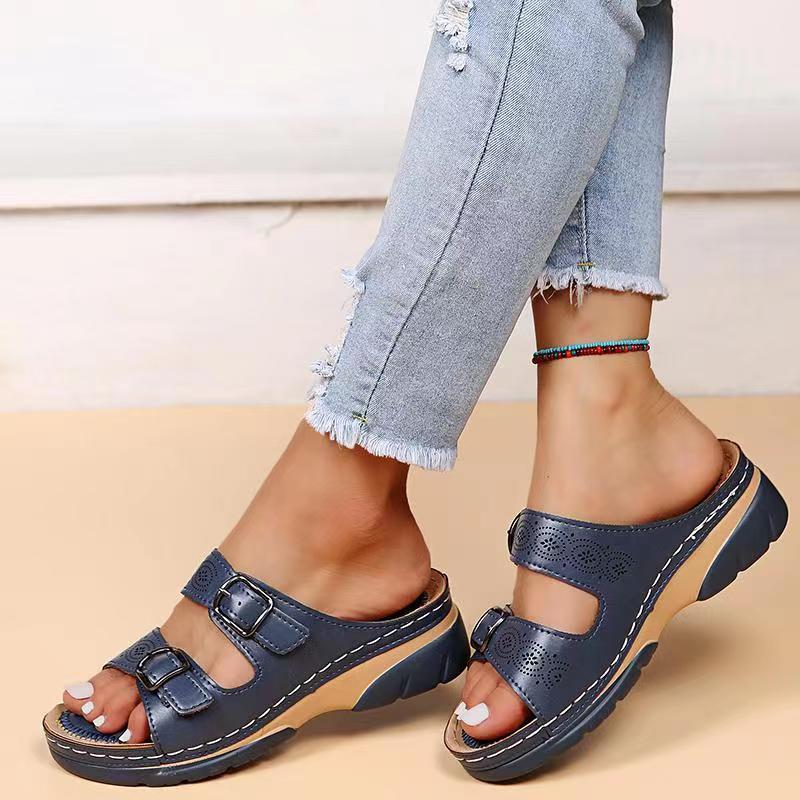 Women’s Double Buckle Comfort Open Toe Slip-On Sandals