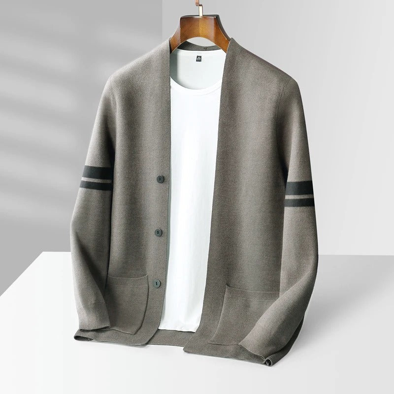 Classic Merino Men’s Cardigan with Stripe Sleeves
