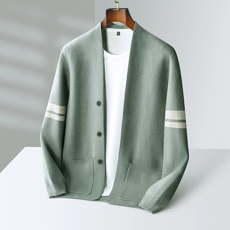 Classic Merino Men’s Cardigan with Stripe Sleeves