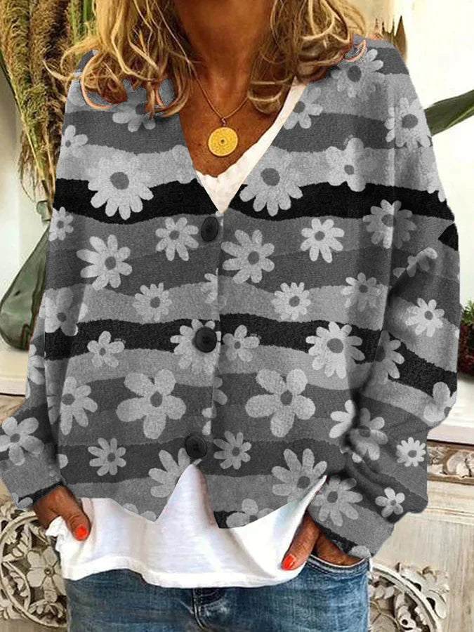 Women’s Floral Stripe Button-Up Cardigan with V-Neck Design
