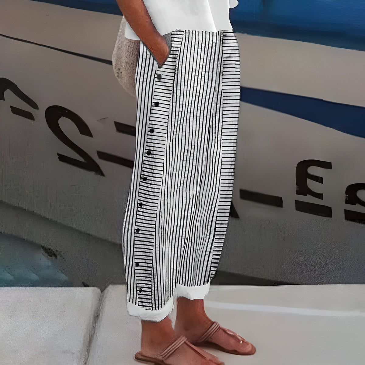 Women's Striped Wide Leg Pants with Button Detail