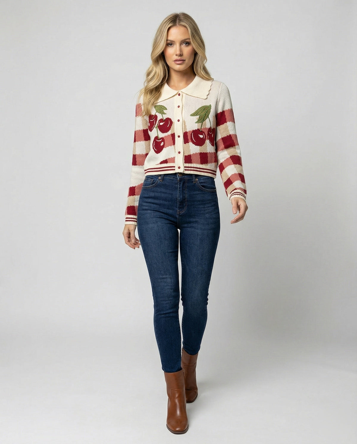 Women's Cropped Knitted Cardigan with Cherry Blossom Floral Pattern
