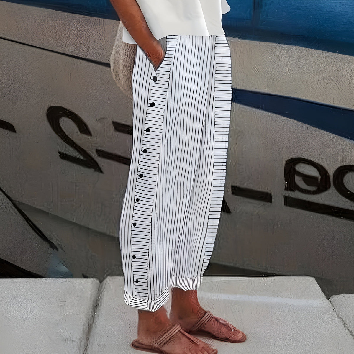 Women's Stripe Panel Trousers with Button Detail