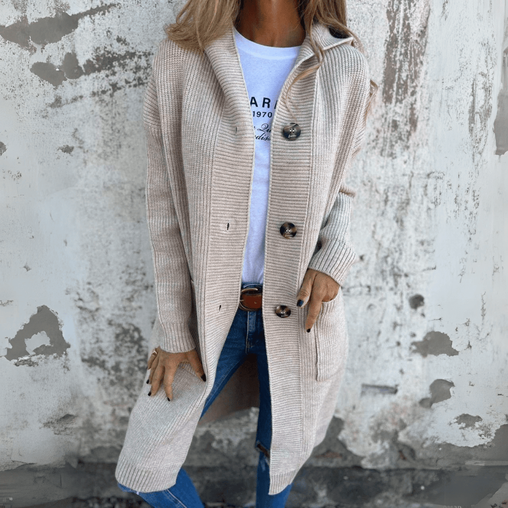 Women's Long Button Cardigan with Stand Collar