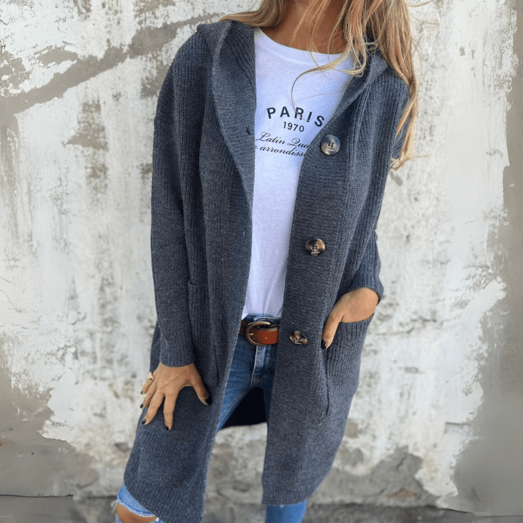 Women's Long Button Cardigan with Stand Collar