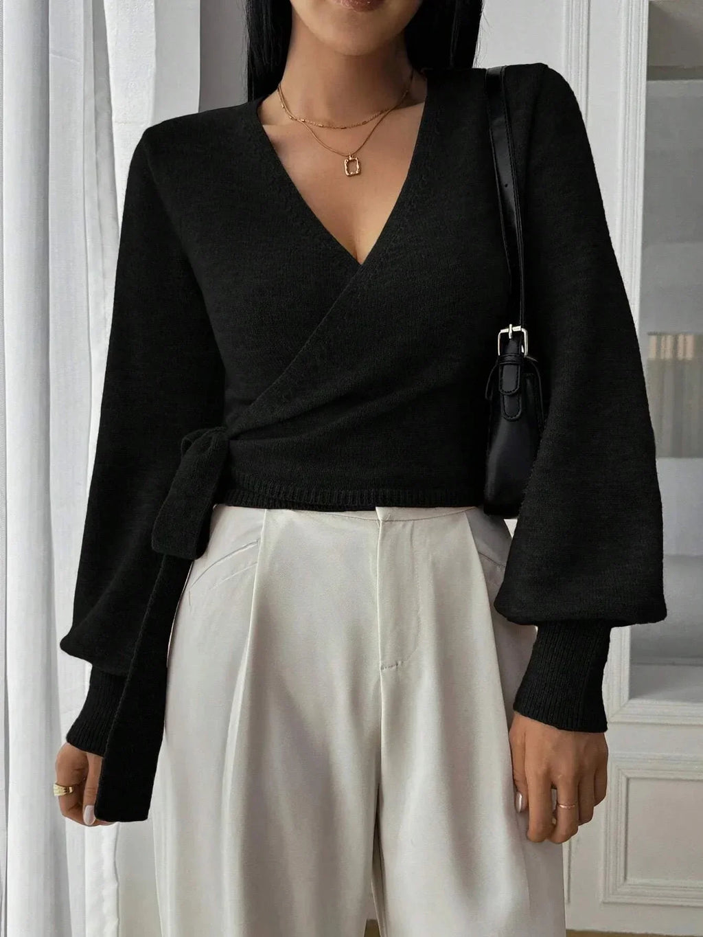 Women’s Wrap Knit Long Sleeve V Neck Sweater