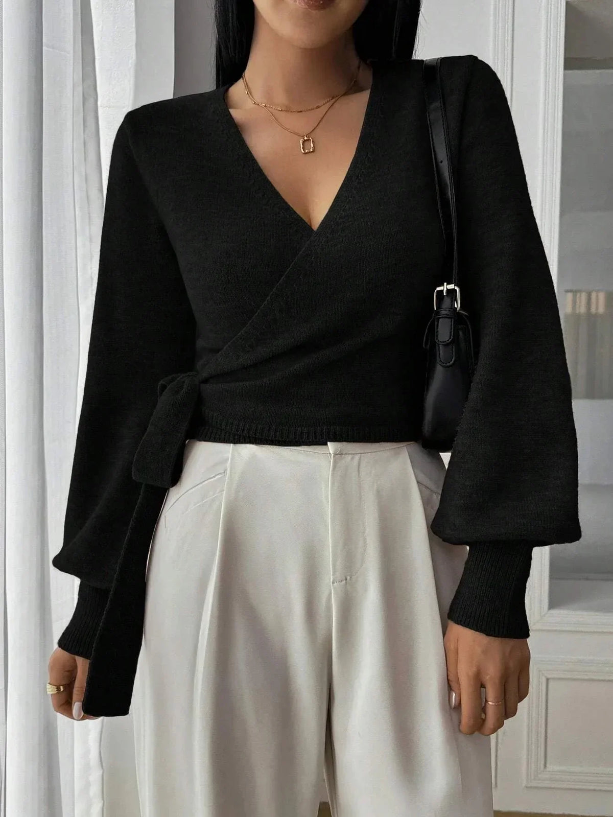 Women’s Wrap Knit Long Sleeve V Neck Sweater