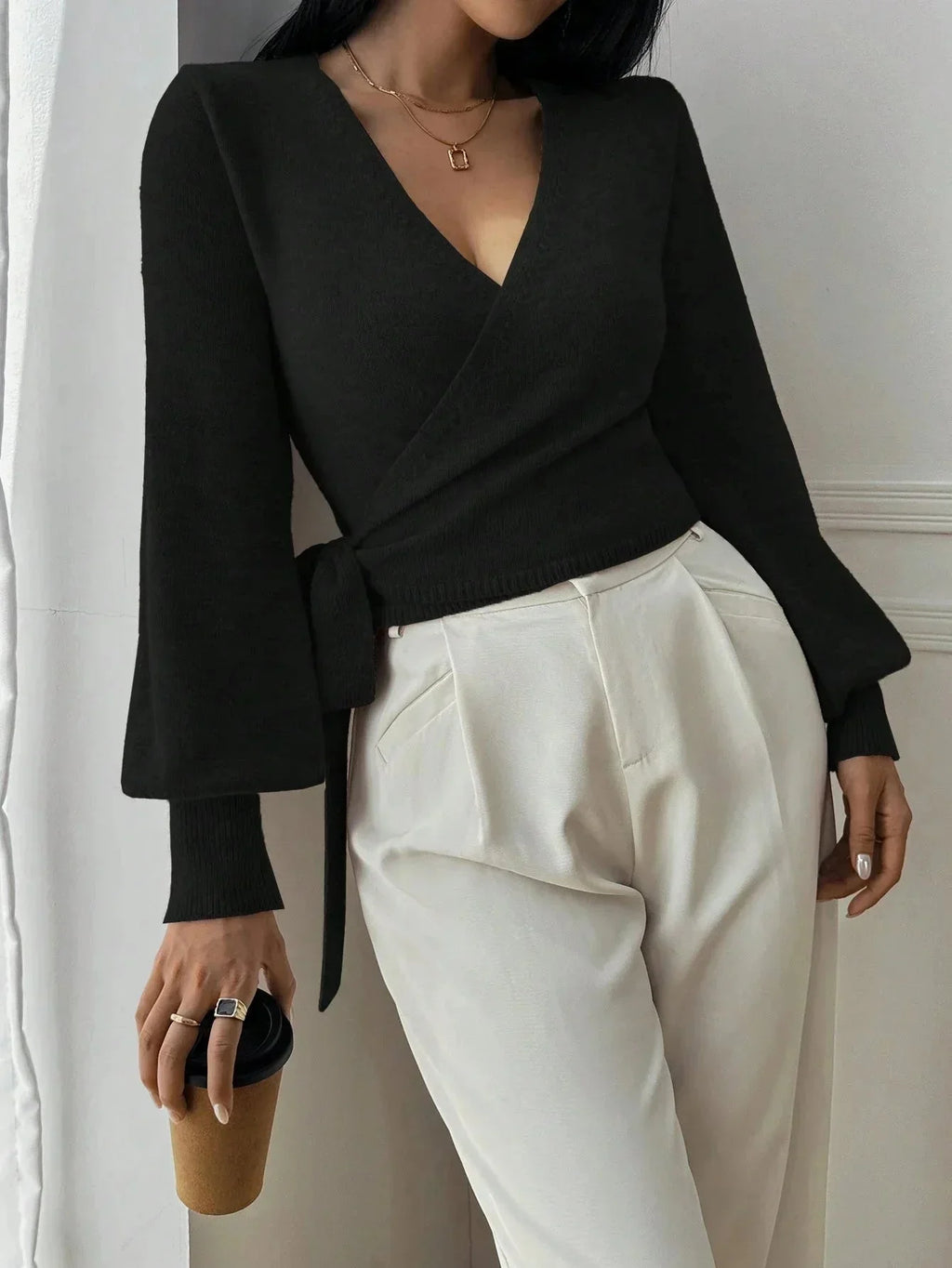 Women’s Wrap Knit Long Sleeve V Neck Sweater