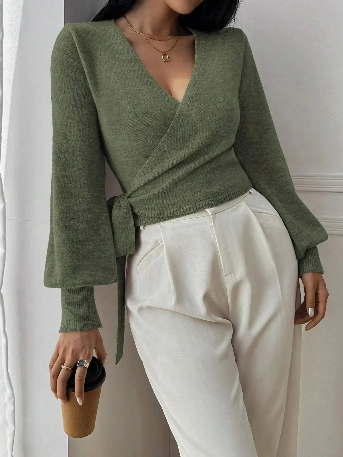 Women’s Wrap Knit Long Sleeve V Neck Sweater