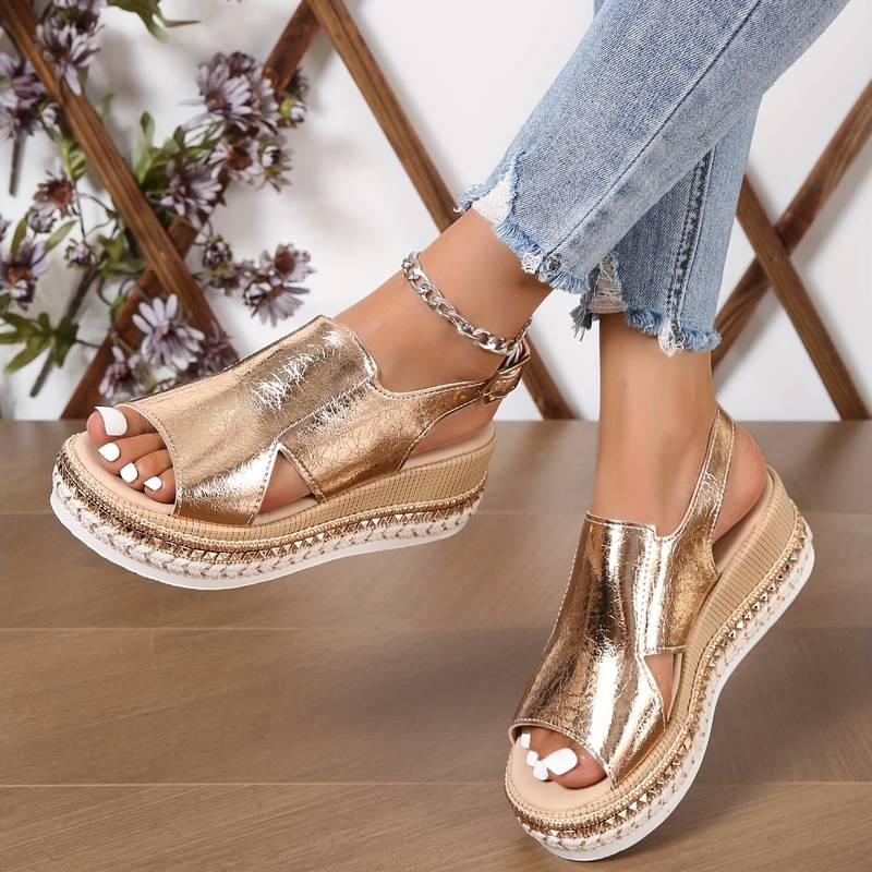 Platform Wedge Sandals with Metallic Finish