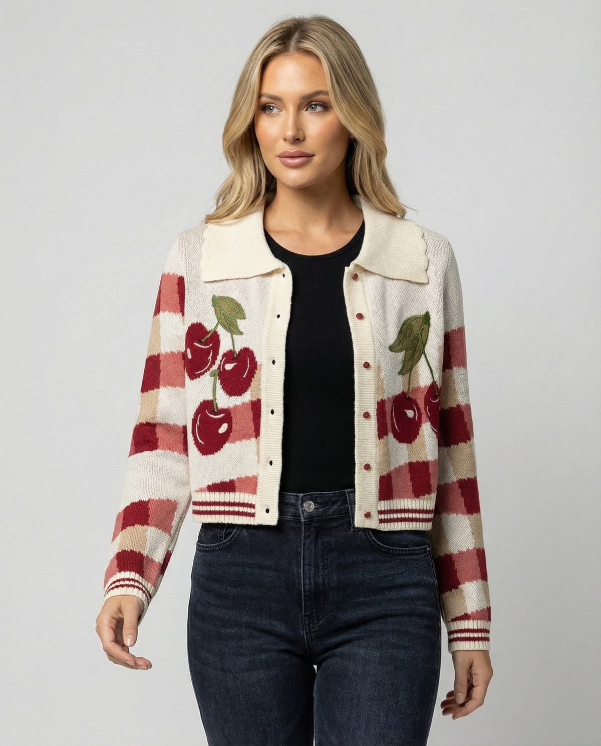 Women's Cropped Knitted Cardigan with Cherry Blossom Floral Pattern