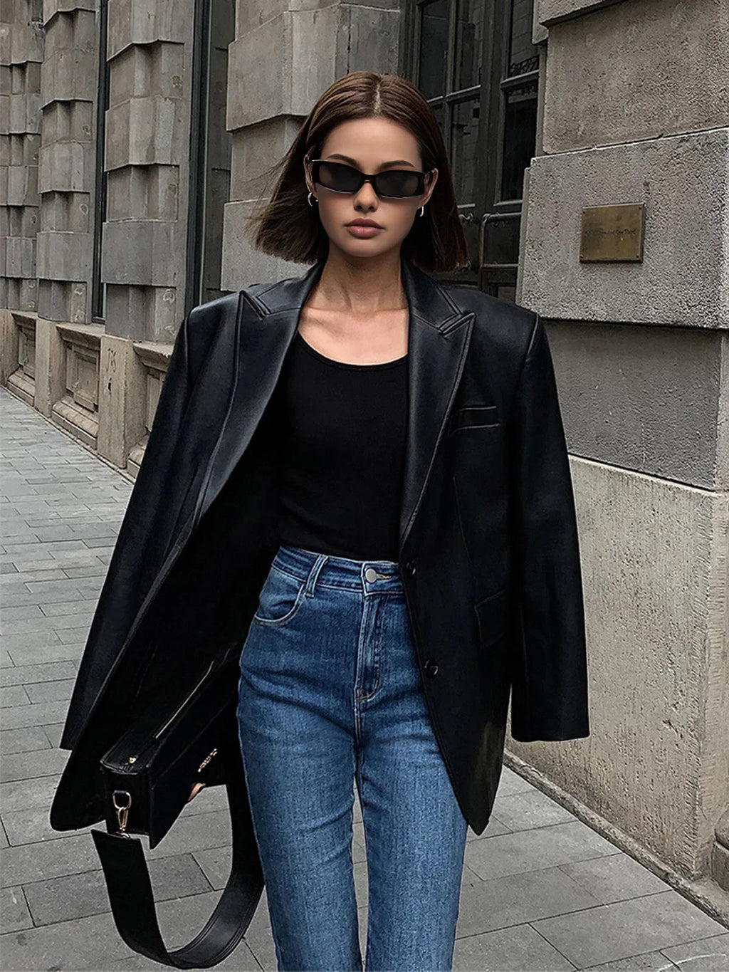 Women’s Oversized Faux Leather Blazer Jacket