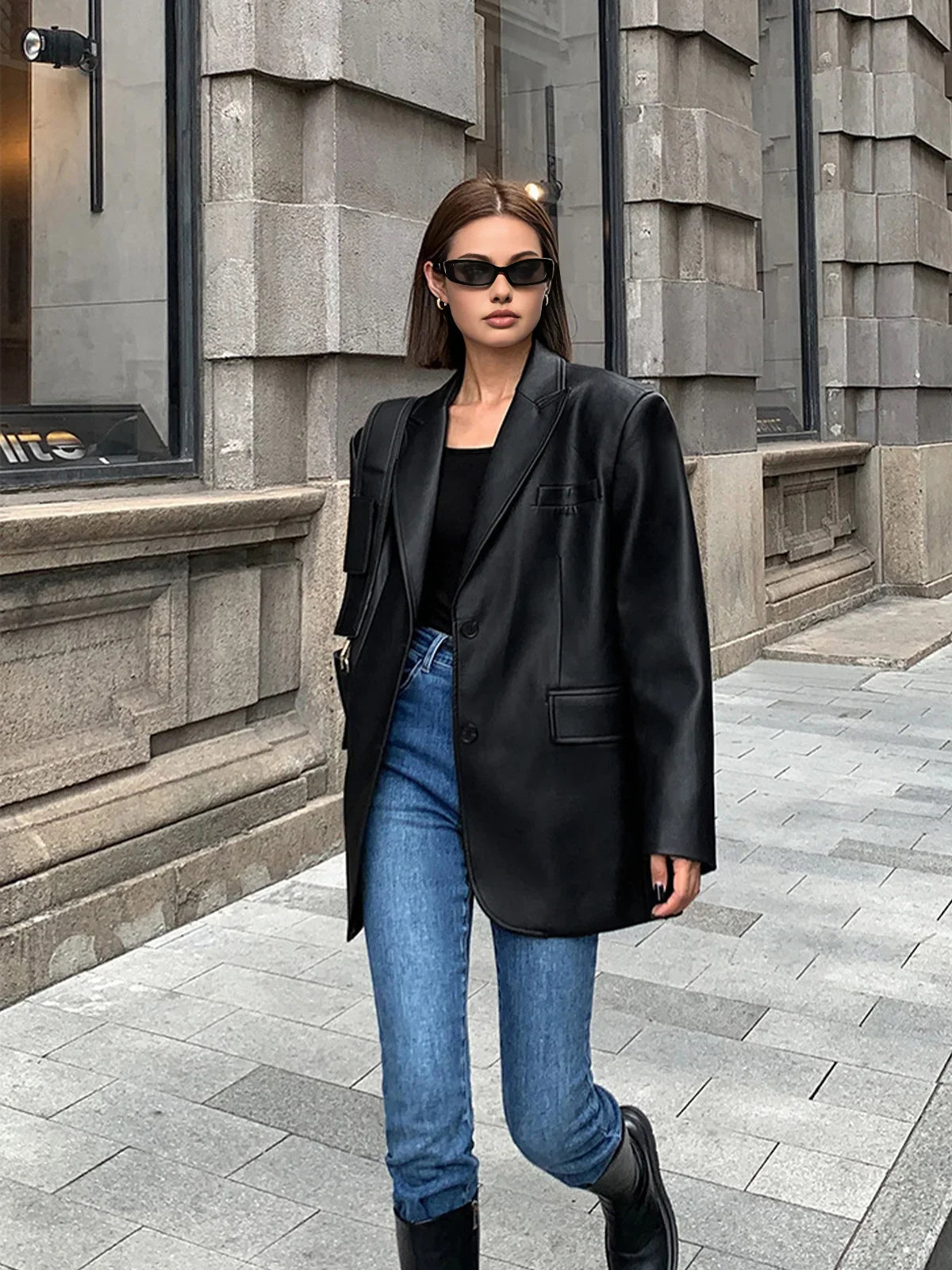 Women’s Oversized Faux Leather Blazer Jacket