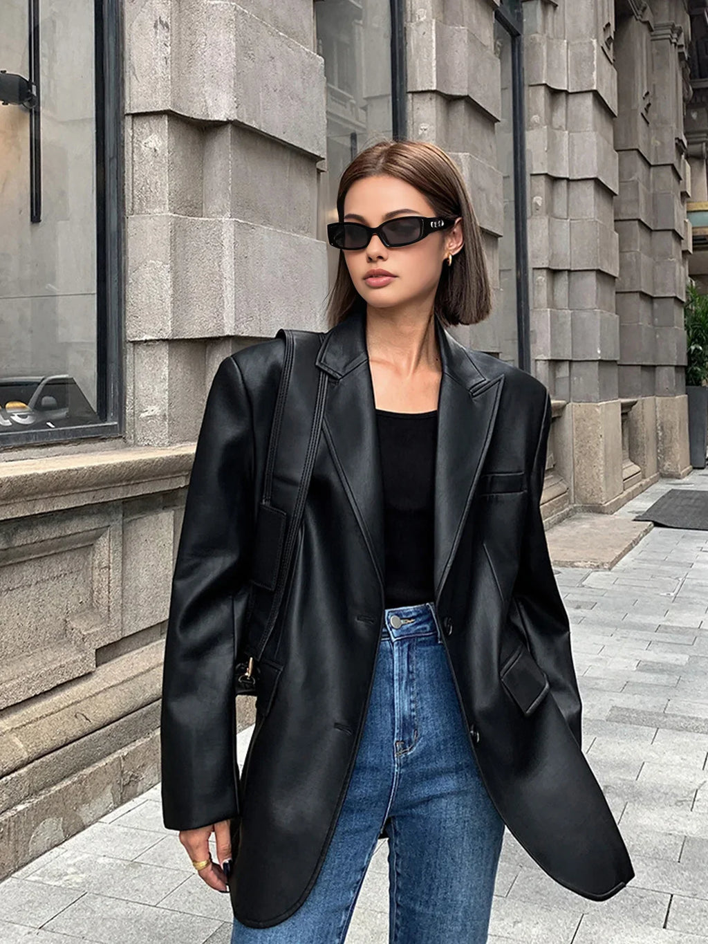 Women’s Oversized Faux Leather Blazer Jacket