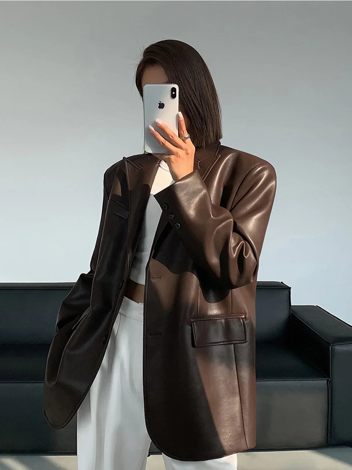 Women’s Oversized Faux Leather Blazer Jacket