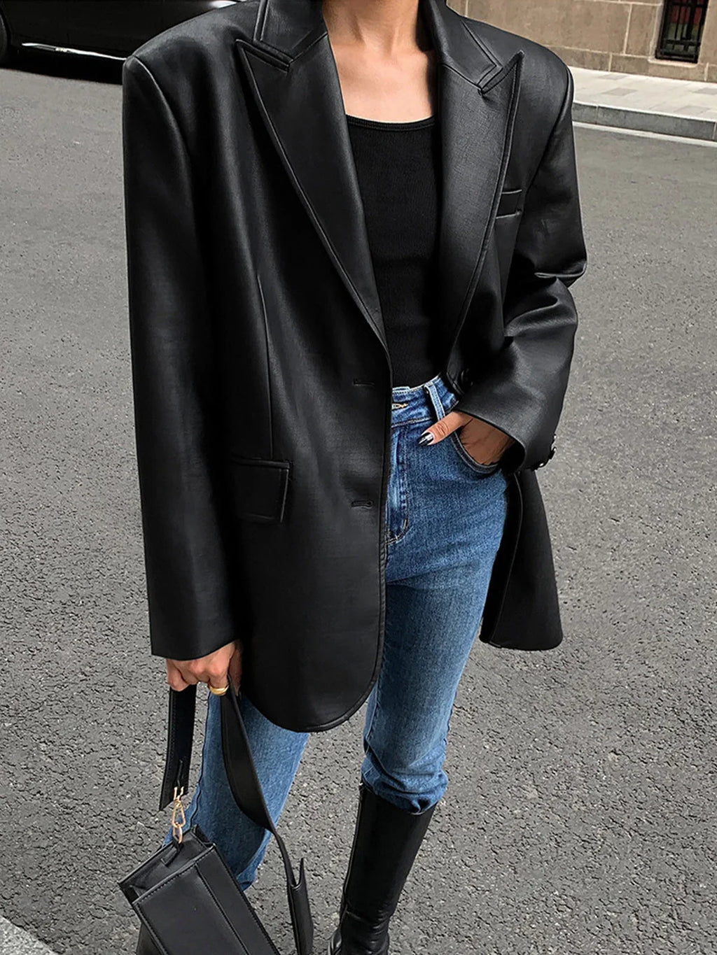 Women’s Oversized Faux Leather Blazer Jacket