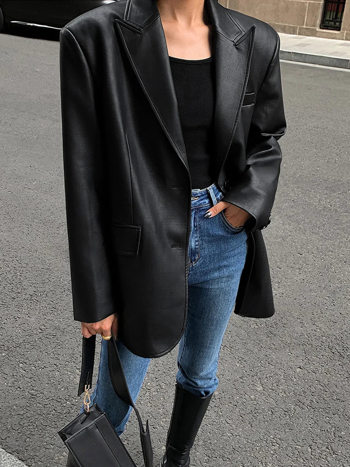 Women’s Oversized Faux Leather Blazer Jacket